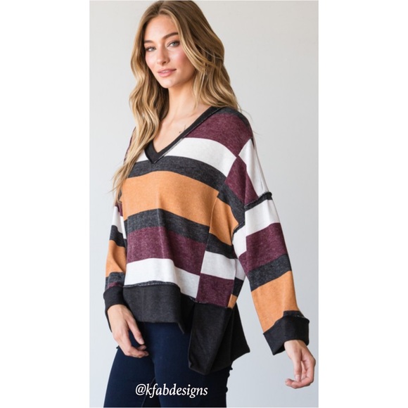 LAST FEW! V Neck Large Striped Soft Top In a Relaxed Style and Rich Colors! - Picture 4 of 7